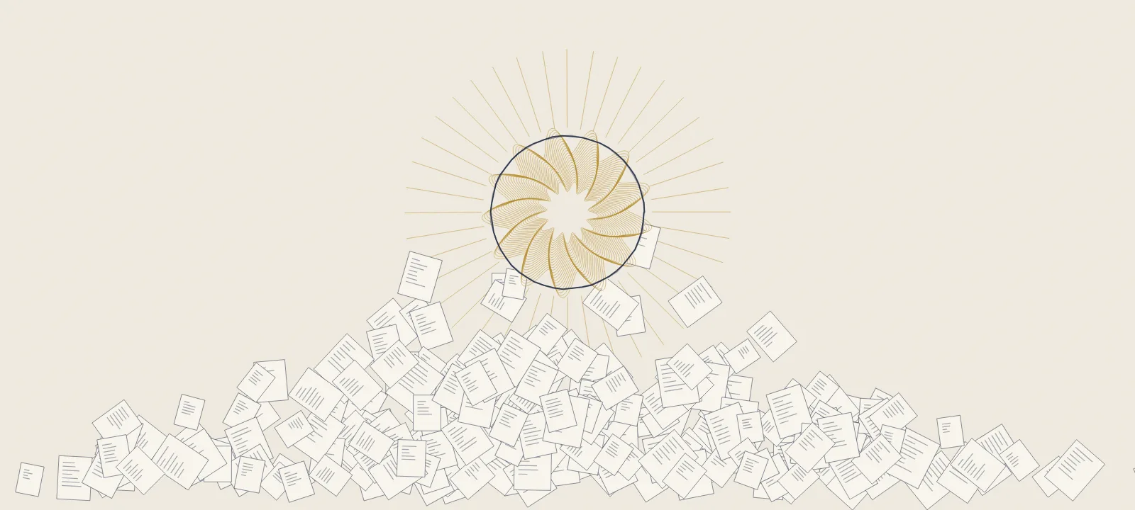 A single coin shining on top of a heap of code pages